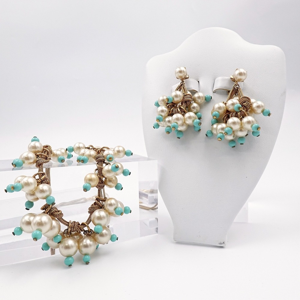 Gold Tone Cluster Necklace Earring Set Faux Pearl Blue Bead Knotted Hoco Prom